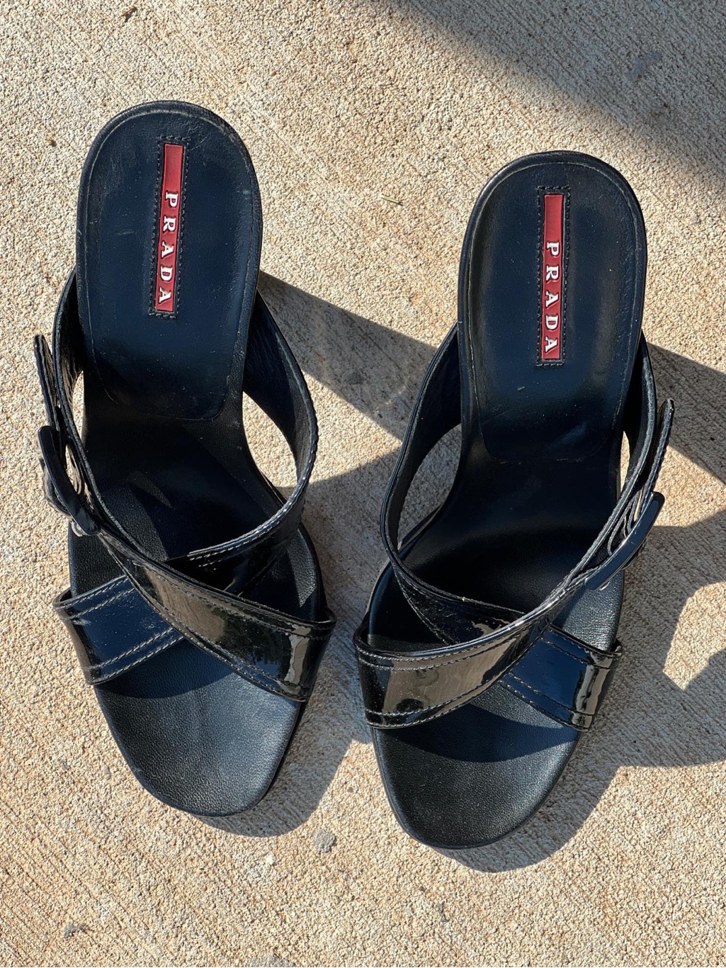 Prada Black Patent Leather Crisscross Slide Heels